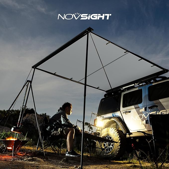 NOVSIGHT Car Side Off Road Awning 8.2 x 10ft, Waterproof Pull-Out for Camping 5000mm PU Adjustable Height Retractable Roof Rack Canopy for Travel, Forest Gray