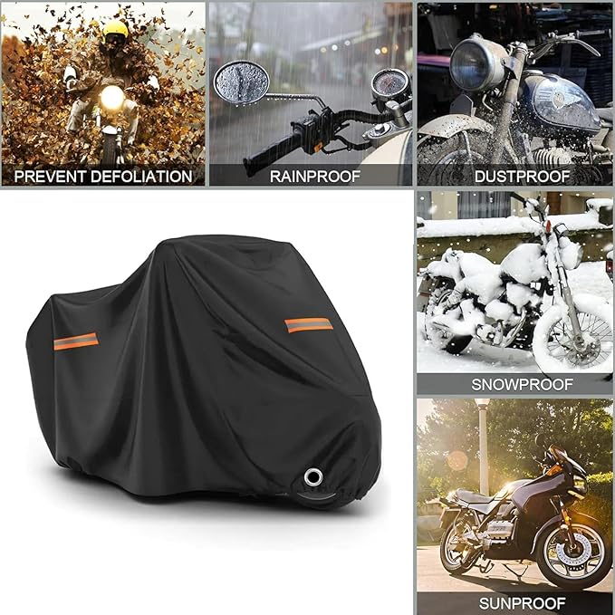 Motorcycle Cover, 210D Oxford Cloth, with Reflective Stripes, Waterproof Outdoor Protection, All-Weather Universal car Cover, with Lock Holes and Storage Bag. (All Black, 116")
