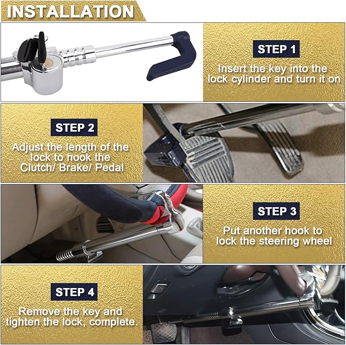 Tevlaphee Universal Steering Wheel Brake Lock Anti-Theft Retractable Double Hook Car Clutch Pedal Lock for Car Truck SUV Van Security with 3 Keys