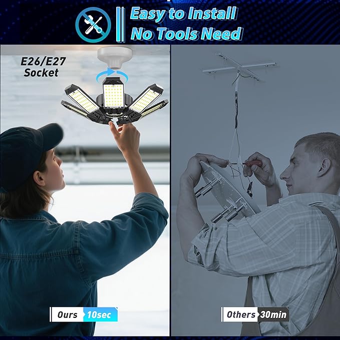 ISKYDRAW LED Garage Lights 2 Pack, 260W 26000LM Bright Shop Light with 8+1 Deformable Panels, 6500K Garage Ceiling Light Screw Into E26 E27 Bulb Socket Bay Lighting for Workshop Basement Barn Attic