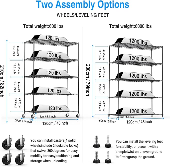 pouseayar Black 5 Tier Shelf Wire Shelving Unit, 6000lbs Capacity NSF Metal Heavy Duty Adjustable Storage Rack with Wheels & Shelf Liners, 82" H x 48" L x 24" D