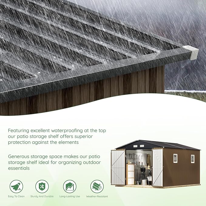 10X12X7.5 FT Outdoor Steel Storage Shed with Lockable Doors, 2 Windows, Transparent Roof Panels, Metal Frame Floor (Wood Panels Not Included), Ideal for Backyard, Patio Storage,Chicken Coop，Brown