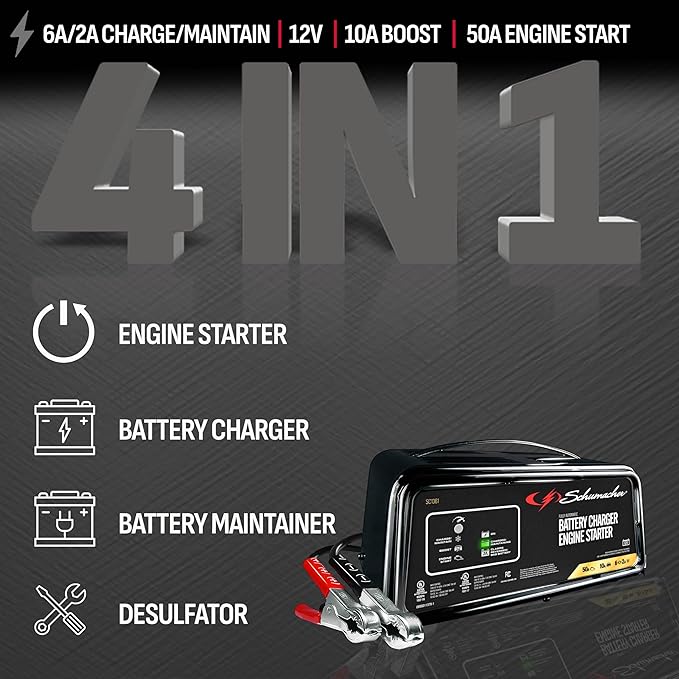 Schumacher Electric 50A 12V Car Battery Charger, Engine Starter & Maintainer - Fully Automatic Battery Charger for Cars, Trucks & RVs - 6A Charge/ 2A Maintain & 10A Boost Modes - SC1361