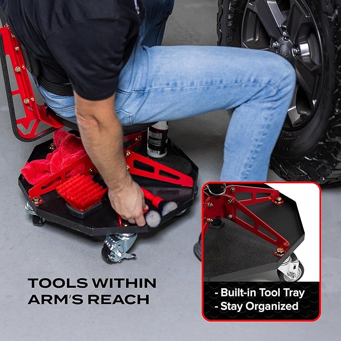 Vyper Robust Steel Sport Shop Chair for Mechanics, Automotive, DIY - 300 lb Capacity Garage Stool with Backrest & Large Wheels (Black Seat, Red Frame)