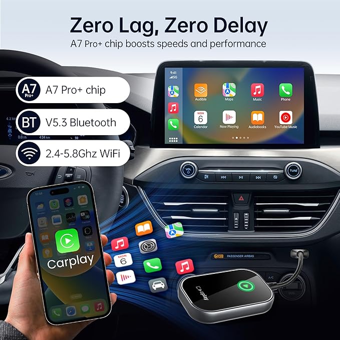 Wireless CarPlay Adapter, Converts Wired to Wireless CarPlay Dongle for Apple iPhone, Plug & Play Auto Connect Zero Latency fits for Cars from 2015 & iOS 10+ Black