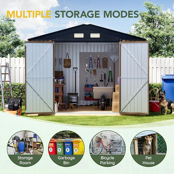 Breezz Outdoor Storage Shed 10 x 10ft. Utility Tool Shed Metal Storage Garden Shed with Lockable Doors & Windows for Patio Storage,Brown