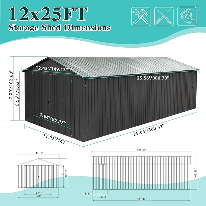 Domi 12x25FT Outdoor Metal Garage Shed, Extra Large Carport with Skylights & Dual-Entry, Backyard Storage Shed for Car, Truck, Lawn Mower and Tool, Dark Grey
