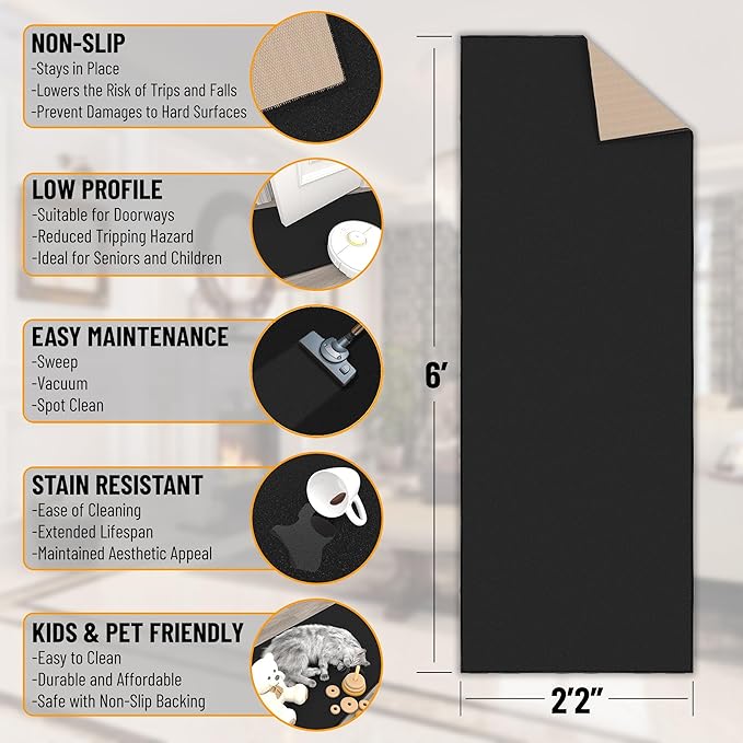 Ottomanson Hallway Runner Rug 2'2" x 6' Non Slip Solid Area Rugs Easy to Clean Laundry Rug Runner Durable & Pet Friendly Floor Carpet Runners for Hallways Entryway Living Room Kitchen, Black