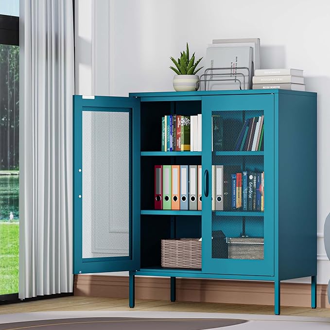 Metal Storage Cabinet with Mesh Doors,Steel Display Cabinet with Adjustable Shelves,Metal Office Storage Locker for Home Office,Garage(Blue, 40''H)