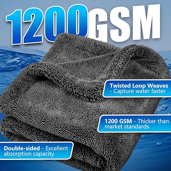 Airlab Microfiber Towels for Cars Wash Drying Super Absorbent Cleaning Cloth Auto Detailing Ultra Soft, Lint-Free, Streak-Free, 24 x 16 Inch, Pack of 1, Dark Grey, 1200 GSM