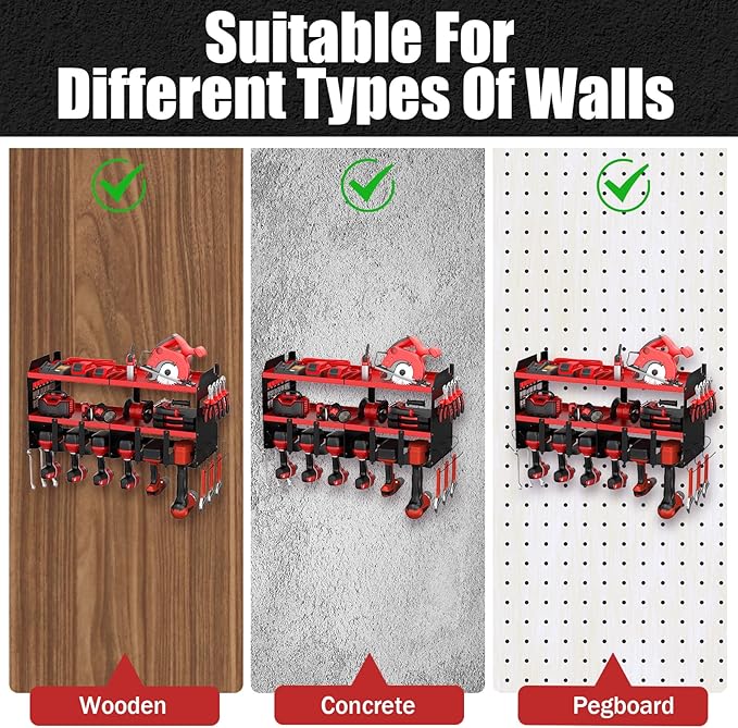 Power Tool Organizer Wall Mount with 6 Drill Holders, Heavy Duty Metal Utility Racks with Large Top Shelf & Side Hooks, Efficient and Organized Storage for Garage, Workshop, Shed, Pegboard