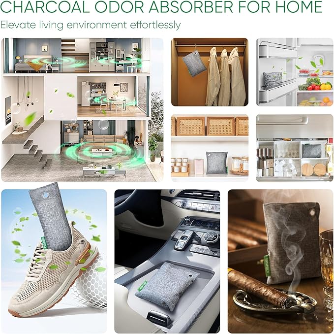 Activated Charcoal Odor Absorber, Odor Eliminator for Strong Odor,Bamboo Charcoal Air Purifying Bags for Home Car Closet Pet, Smoke Room Deodorizer (4 x 200g, Unscented)