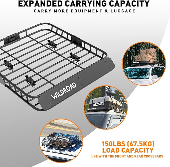 WILDROAD Roof Rack Cargo Basket, Upgraded 4” Fence Car Roof Basket, 43"x 39"x 4" Universal Car Top Luggage Holder Carrier Basket Fits for SUV Truck Cars