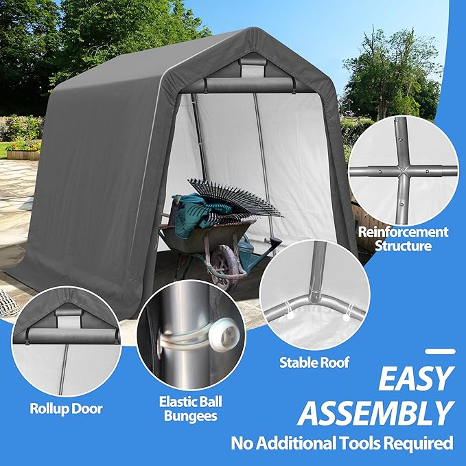8x8Ft Ourdoor Storage Shed Shelter,Portable Shed Garage with Roll-up Zipper Door &Vent Window, Heavy Duty Storage Tent Carport for Bike,Motorcycle