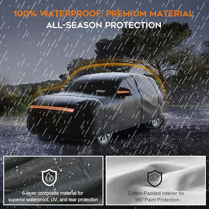 SUV Car Cover Waterproof All Weather for Automobiles，Outdoor Heavy Duty Full Exterior Covers with Zipper Door, Rain Sun Snow Dust UV Protection, Windproof Straps & Reflective Strips(Up to 201")