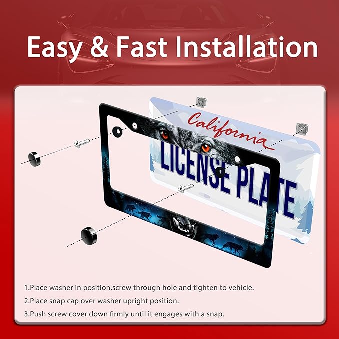 Personalized License Plate Frame Wolf Howling Stainless Steel Accessory Night Forest Animal Holder Funny Car Decorative 2 Holes Screws Fits Us Standard License Plates 12.2 X 6.3 in for Men Women