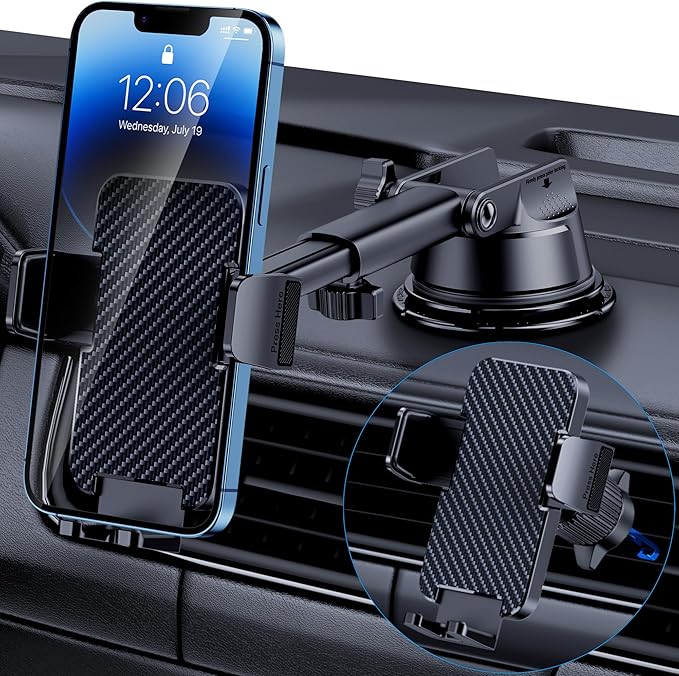 Phone Holder Car [Military Grade Suction Ultra Strong Base] Cell Phone Car Holder 3 in 1 Dashboard Windshield Air Vent Hands-Free for iPhone Android Phones