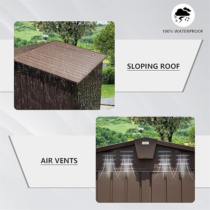 IKERY Metal Storage Shed 8.2' x 6.2' with Double Lockable Doors & Air Vents - Utility Tool Shed for Backyard, Patio, Garden - Brown