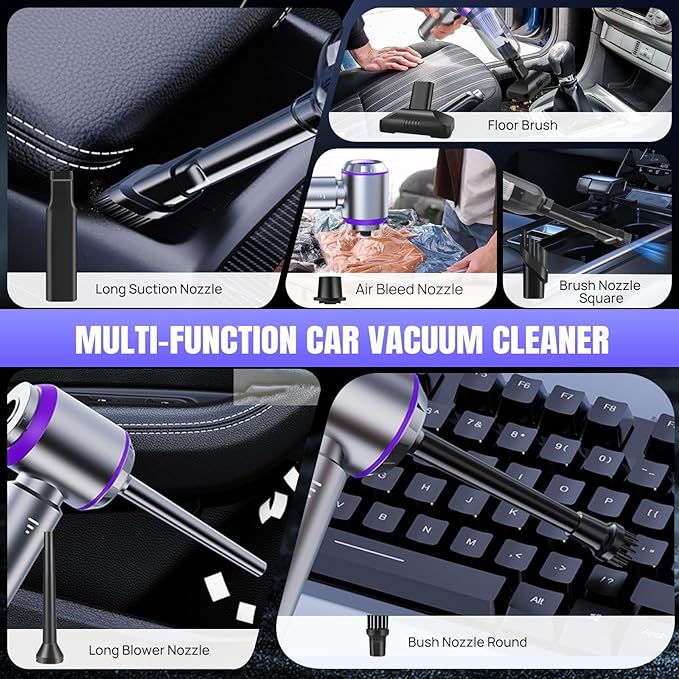 Mini Car Vacuum Cleaner,20000PA 4-in-1 Cordless Handheld Vacuum Cleaner with 6000mAh Battery Brushless Motor Hand Held Vacuum Air Duster & Air Blower & Pump for Car,Office and Home Cleaning