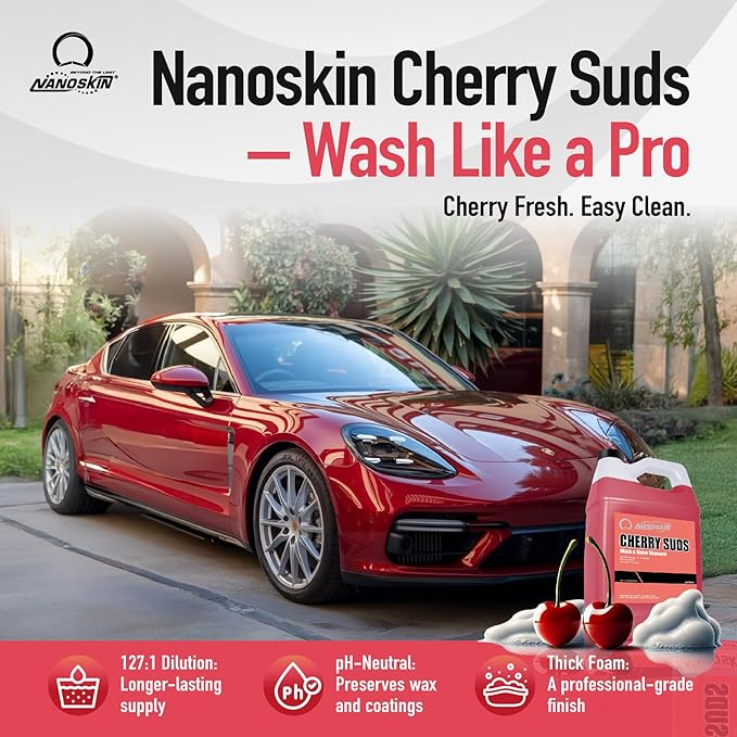 Nanoskin CHERRY SUDS Foaming Car Wash Shampoo 1 Gallon - Works with Foam Cannon, Foam Gun, Bucket Washes, Car Soap for Pressure Washer | Safe for Cars Trucks, Motorcycles, RVs & More | Cherry Scented