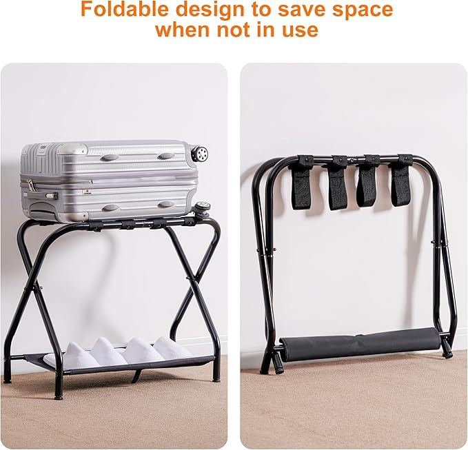 Heybly Luggage Rack, Pack of 2, Steel Folding Suitcase Stand with Storage Shelf for Bedroom, Hotel, Foldable Steel Frame, Guest Room Bedroom Hotel, 26.2" L x 14.4" W x 20.5" H, Black HLR004B2