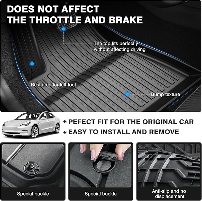Powerty Floor Mats for 2024 2025 Tesla Model 3 Highland Accessories 1st & 2nd Row Liner Set All Weather TPE 3D Car Mats All-Weather Floor Liners