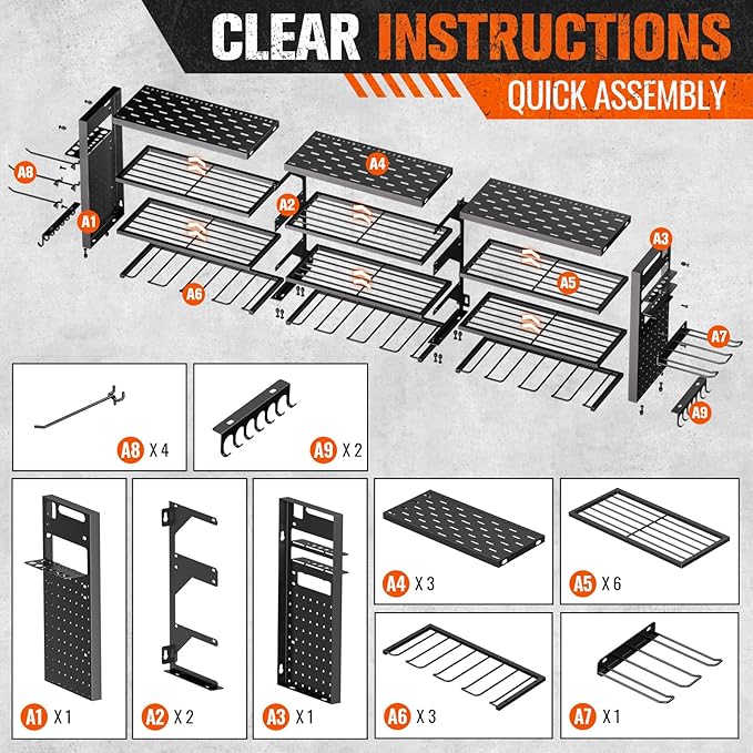 49.8" W Large Power Tool Organizer Wall Mount, Heavy Duty Tool Organizer with 14 cordless Drill Holder, 4 Layers Garage Organization and Storage Rack, Tool Rack for Garage Workshop, Black