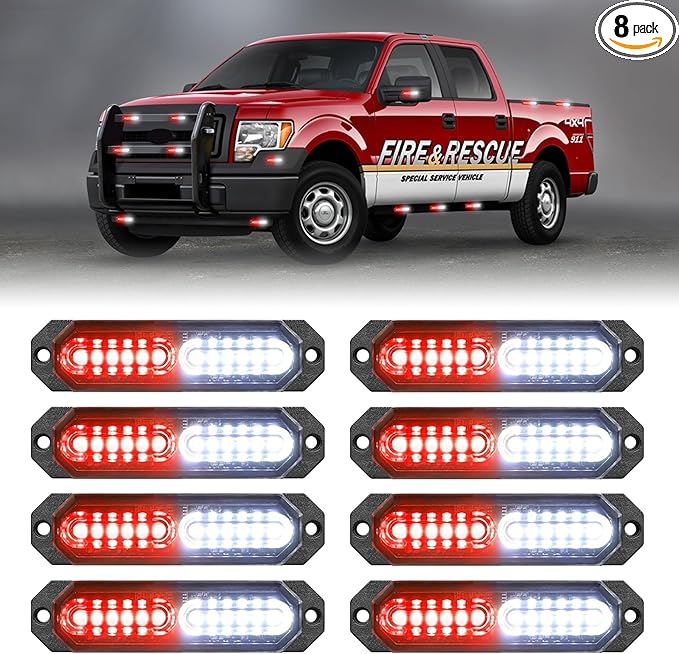 HLauto 1200T Emergency Strobe Grille Lights: 8pcs 12 LED Sync Feature Safety Warning Flashing Lights, Ultra Slim Surface Mount Hazard Caution Lights for Trucks, Vehicles, Car, ATV, UTV (Red White)