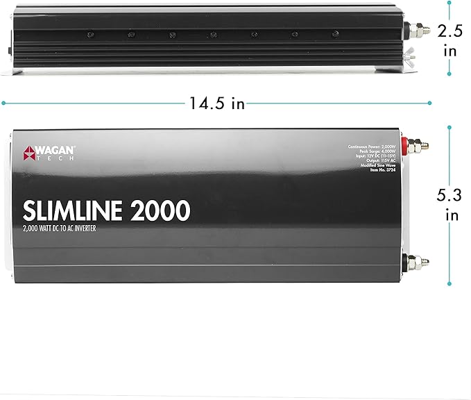 Wagan EL3724 2000W Slim Line AC to DC Power Inverter 2000W TrueRated Continuous 4500W Surge Power DC 12V to AC 110V Power Inverter with 3 AC Outlets and 2A USB Charging Port