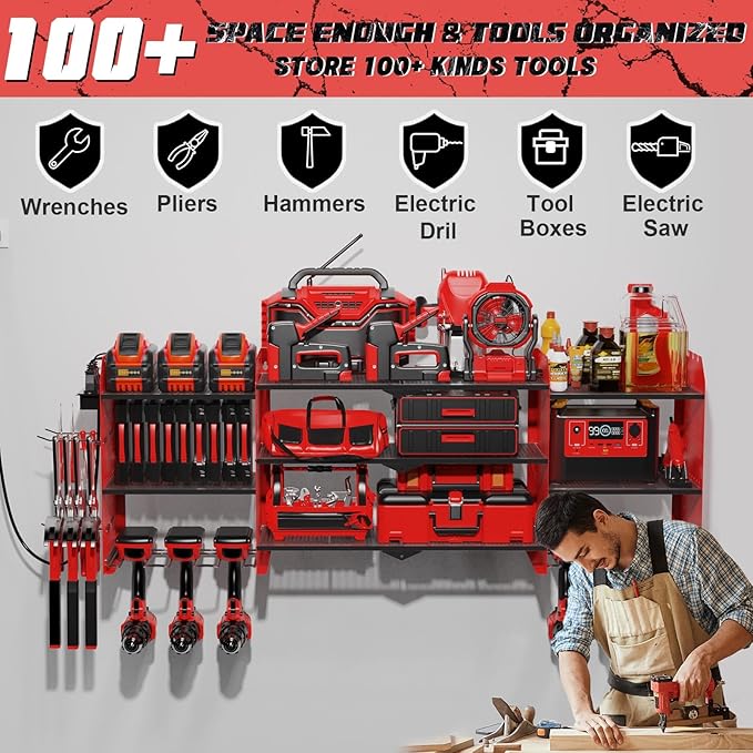 Power Tool Organizer Wall Mount with Charging Station, 45.5" Expanded Garage Wall Tool Organizer with 4 Pegboard Hooks, 6.5FT Outlet Power Strip, Large Garage Storage Rack for Impact Wrenches