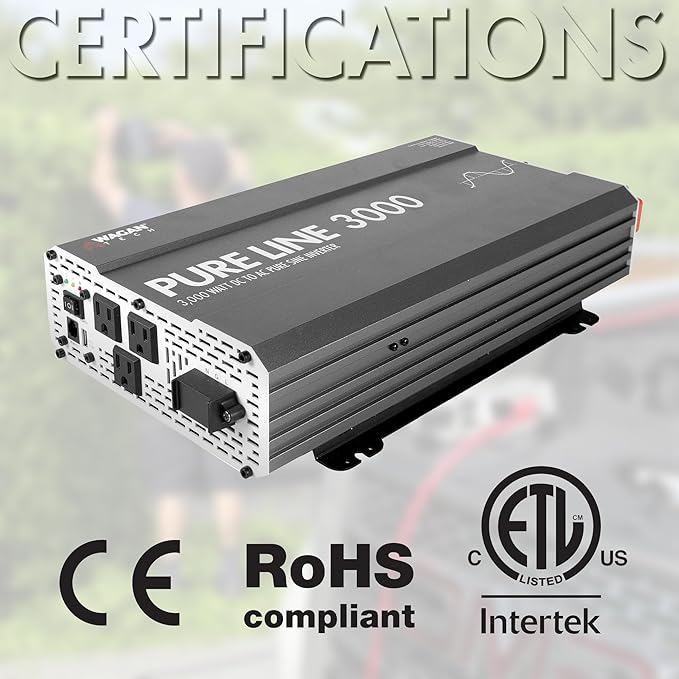 Wagan EL3810 Pure Line 3000 watt Power Inverter 6000 Watt Peak Surge Power DC 12V to 110V AC Car Inverter ETL Certified