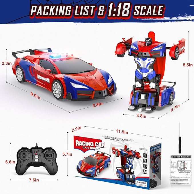 Remote Control Car for Boys 4-7, 2.4GHz RC Car 1:18 Scale, One-Button Transforming Toy with 360° Spins, LED Lights