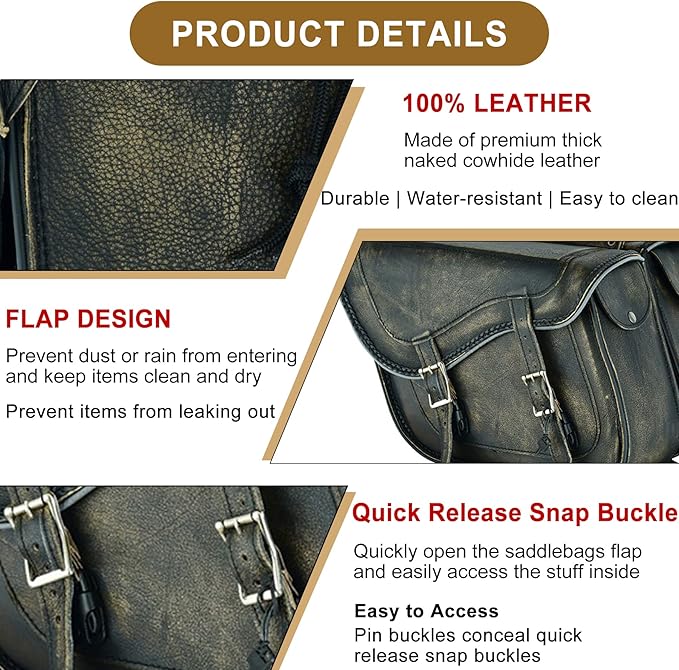 Dream Apparel Naked Cowhide Leather Motorcycle Saddle Bags Throw Over Saddlebags, Motorcycle Side Bags for Honda Shadow Sportster Softail Dyna V-star (Distressed Brown, No Studs)
