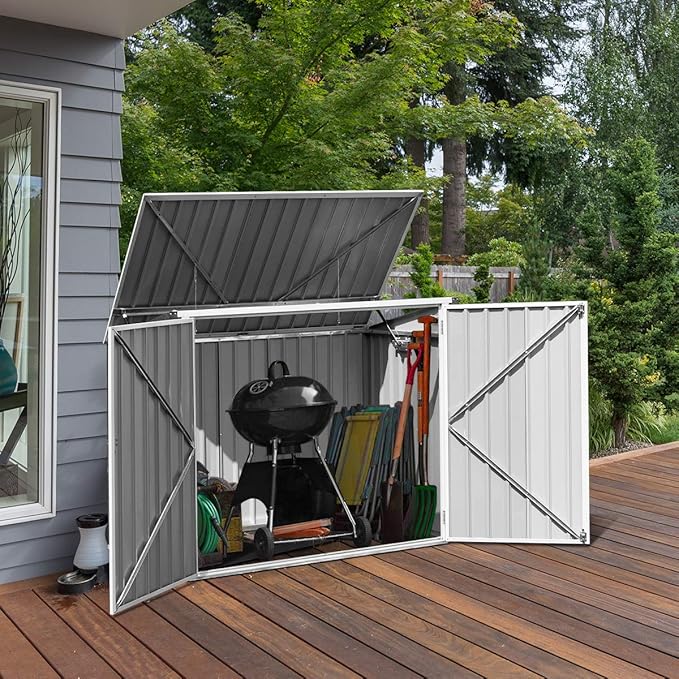 Goplus Horizontal Storage Shed Outdoor, Multi-Function Storage Cabinet for Garden Yard Lawn, 6x3FT Grey & Beige