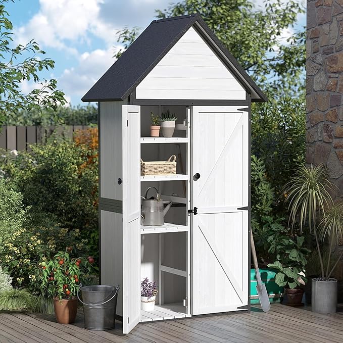 Outdoor Storage Shed with Sloped Roof - Heavy-Duty Metal & Wood Garden Cabinet, Adjustable Shelves, Large Capacity Waterproof Design for Patio, Garage, Backyard (Off White)
