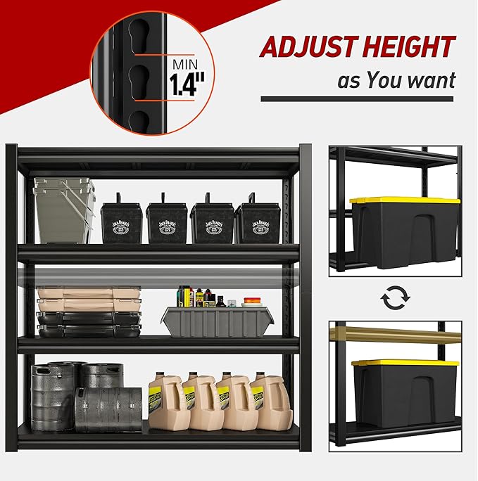 Raybee 40" W Garage Shelving 2000 LBS Storage Shelves 4 Tier Heavy Duty Shelving Adjustable Metal Shelves for Garage,Basement, Warehouse, 40" W x19 D x57 H, 4Pack