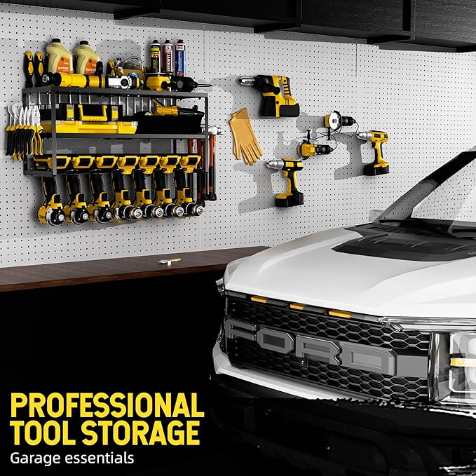 Power Tool Organizer-7 Drill Holder Wall Mount, Garage Organization Storage, 3 Layer Heavy Duty Metal Power Tool Rack,Garage Tool Organizer with Screwdriver Plier Hammer Holder, Men Dad Gifts
