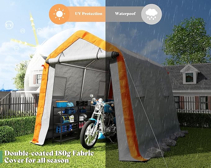 AMERLIFE 8x10x8 FT Heavy Duty Portable Shed Storage Shelter, Outdoor Storage Shed with 4 Waterproof Windows & Roll-Up Zipper Door, Carport for Motorcycle, Bike, Grey