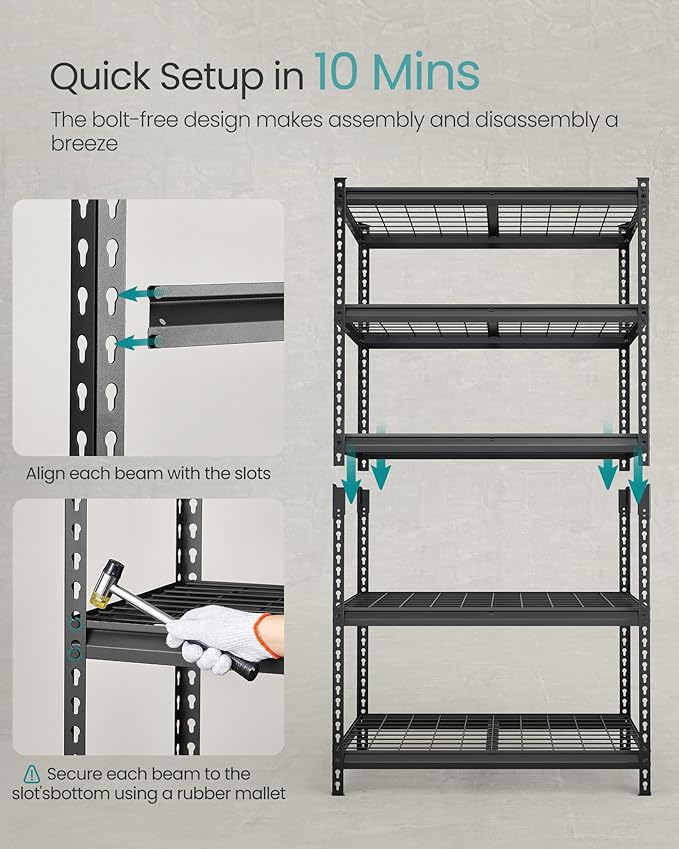 SONGMICS 5-Tier Storage Shelves Set of 2, Heavy-Duty Garage Shelving, Adjustable Shelving Unit, Steel Shelf, Boltless Assembly, for Garage, 2,250 lb Load, 18 x 72 x 72 Inches, Ink Black UGLR453B02