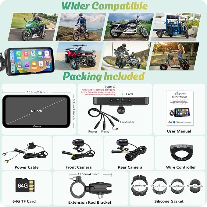 Carpuride W603D Motorcycle GPS Carplay Screen, Wireless CarPlay & Android Auto for Moto, with HD 1080P Dual Cameras, Remote Control，6.3" Waterproof Touchscreen, BT Aduio, Loop Recording, Navigation