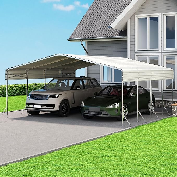 20x20' Heavy Duty Metal Carport – Sturdy Structure, All-Weather Protection, Easy Assembly for Cars, Trucks, Boats, Tractors, and Outdoor Storage (White, 20x20FT)