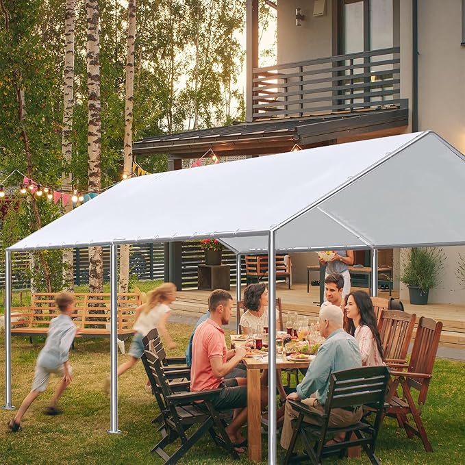 10 x 20 Ft Carport Replacement Canopy Cover Garage Top Tent Shelter with 40 Ball Bungee Cords Heavy Duty Waterproof UV & Tear Resistant, Easy Assembly, White (Only Cover, Frame Not Include)