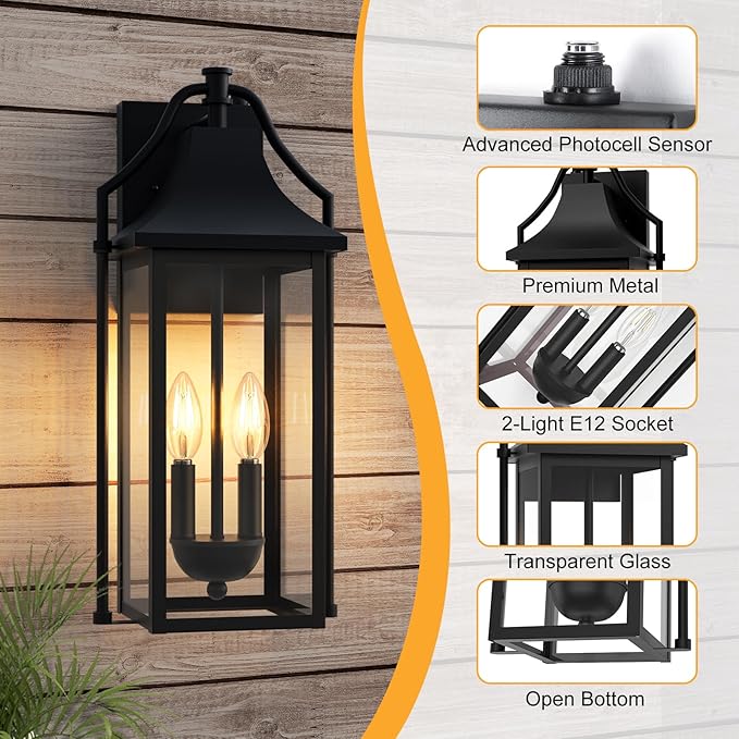 𝟏𝟖𝑰𝑵 Outdoor Wall Sconce Fixture, Dusk to Dawn Patio Lights Waterproof Exterior Lanterns, 2-Light Modern Wall Light Mounted with Glass, Black Outside Lights for House Front Door Entryway