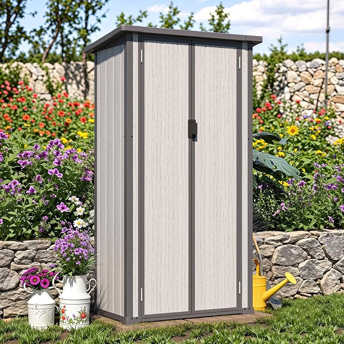 AECOJOY Resin Outdoor Storage Cabinet Waterproof with Adjustable Shelves, Vertical Tall Plastic Storage Shed with Reinforced Floor, All Weather Sheds & Outdoor Storage Clearance with Base for Outside