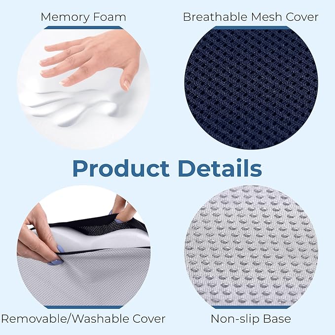 5 STARS UNITED Seat Cushion for Tailbone Pain Relief – Memory Foam Lifting Pillow for Coccyx, Hip, Hemorrhoid, Sciatica & Post-Surgery Recovery – Wheelchair, Car, Desk, Gaming & Office Chairs, D Blue