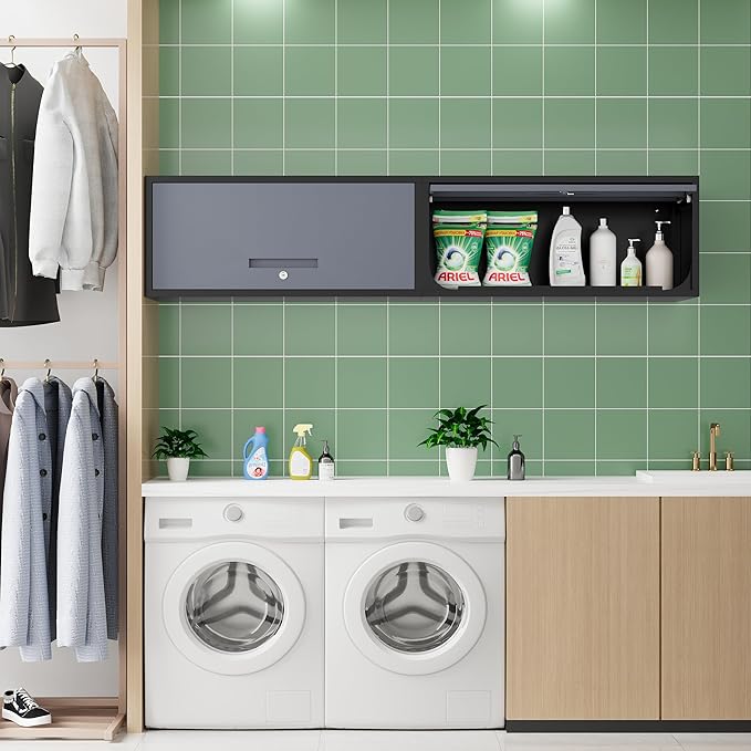 Metal Storage Cabinet Black&Gray Wall Cabinets with Locking Door - Wall Mounted Storage Cabinet for Garage Warehouse Home Office - Assembly Required