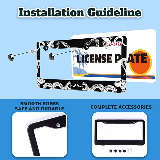 Black and White Snake Crawling License Plate Frame Gothic License Plate Holder for Front or Rear Car Tags Stainless Steel Funny Car Decoration with Screws 6.3 X 12.2 in