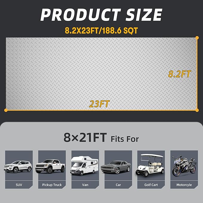 8.2 x 23 FT Garage Floor Mat, 2.8mm Thickened Diamond Plate PVC Garage Flooring Roll for Under Car Parking, Heavy Duty Garage Floor Protector 188.6 SQFT for Garage, Basement, Golf Cart. Gray