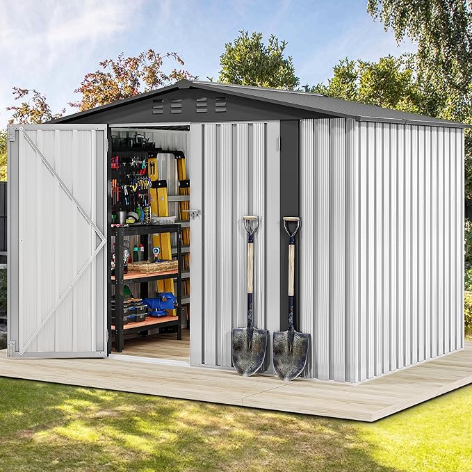 DWVO 8x6FT Outdoor Storage Shelter, Roomy Steel Tool Shed with Secure Entrances & Air Circulation for Patio, Lawn, and Backyard, Ideal for Storing Garden Gear, Lawn Tools, and Bikes, White