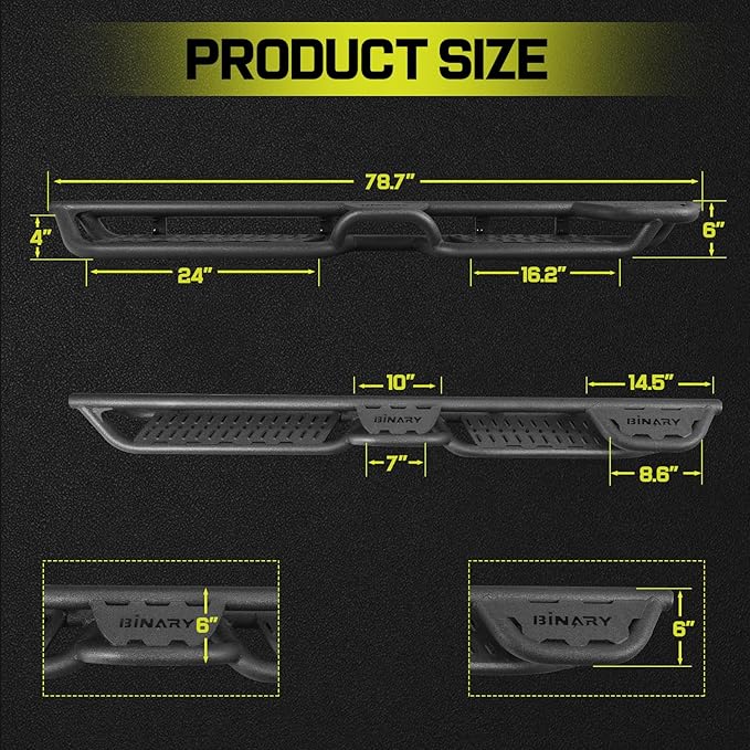 BINARY STAR Running Boards Compatible with Vehicle 2022-2025 Toyota Tundra Double Cab, Two-Stair Side Steps Nerf Bars. 6 Inch Tundra Black Step Bars Made with Carbon Steel.